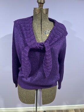 Purple Knit Tie-Neck Sweater